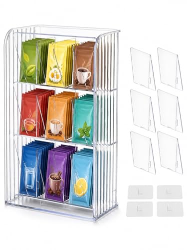 Drink Packet Organizer, 9-Compartment Water Flavor Packet Holder with Removable Dividers, Adjustable Tea Bag and Sugar Packet Storage Bin with Adhesive Stickers for Pantry, Fridge, Cabinet