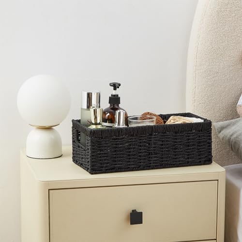 Wicker Storage Basket, Paper Rope Wicker Baskets with Handles, Toilet Paper Basket for Toilet Tank Top, Small Wicke Baskets for Organizing Shelves, 2-Pack, Black - view 7