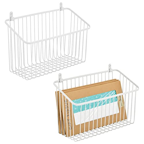 Small Metal Wire Wall Mounted Storage Organizer Basket Bin for Hanging in Kitchen, Garage, Entryway, Mudroom, Bedroom, Bathroom, Laundry Room - Unity Collection - 2 Pack - White