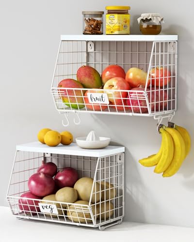 Wall Mount Bathroom Storage Basket, Fruit Produce and Vegetable Baskets for Kitchen Counter, Hanging Wire Storage Basket for Laundry Room Bedroom Closet Pantry Boys Girls Room (White)