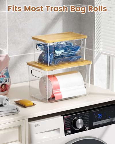Trash Bag Dispenser 2 Pack, Stackable Trash Bag Holder with Bamboo Lid – Clear Plastic Garbage Bag Organizer for 4-33 Gal Bags, Space-Saving Under Sink Organizer for Kitchen, Laundry, Pantry - view 4
