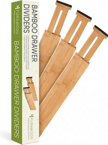 Bamboo Drawer Dividers, Adjustable Spring-Loaded, Expandable Kitchen Organizer, Set of 4, Water-Resistant Finish for Kitchen, Dresser, Bedroom and Bathroom - Natural