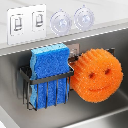 [Space Saving] Sponge Holder for Kitchen Sink, Great for Scrub Daddy/Scrub Mommy Sponges, Rust-proof Sink Sponge Caddy Organizer for Dish Brush, Scrubber - with Suction Cups & Hooks, Black
