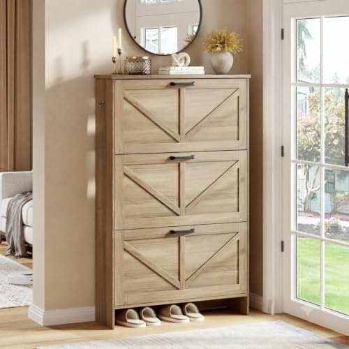 3-Drawer Flip Shoe Storage Tower – Slim-Profile Freestanding Rack with Adjustable 3-Tier Shelving, Rustic Shaker Barn Door Style, and Warm Caramel Finish – Compact Boot & Shoe Organizer