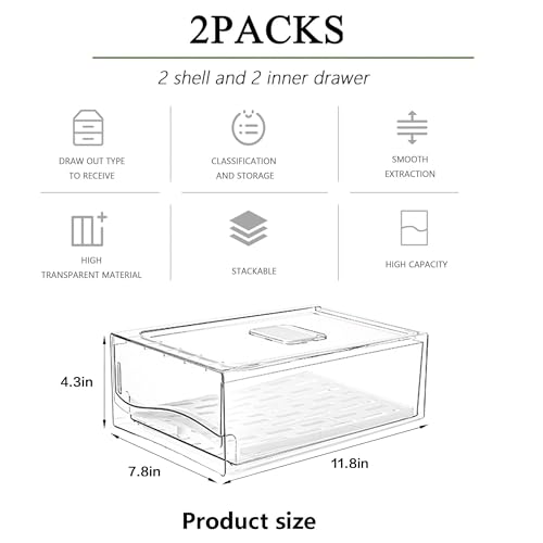 Fridge Organizers and Storage, BPA-Free Large Capacity Stackable Clear Fridge Organizer, With Strainer Layer Keep Fruits, Vegetables and Meat Fresh in refrigerator, freezer, Food Storage (2 Drawers) - view 4
