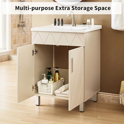Bathroom Vanity with Sink 24 Inch, Modern Bathroom Cabinet with Diamond Pattern Doors, Ceramic Sink, Metal Legs, Small Bathroom Storage Vanity(Light Gray) - view 4