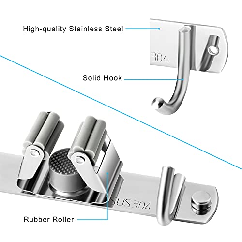 Broom and Mop Holder Wall Mounted, Broom Hanger Storage Rack, Stainless Steel Mop Hanger, Dustpan Holders with 2 Racks and 3 Hooks, Heavy Duty utility hooks for hanging brooms and mops - view 2