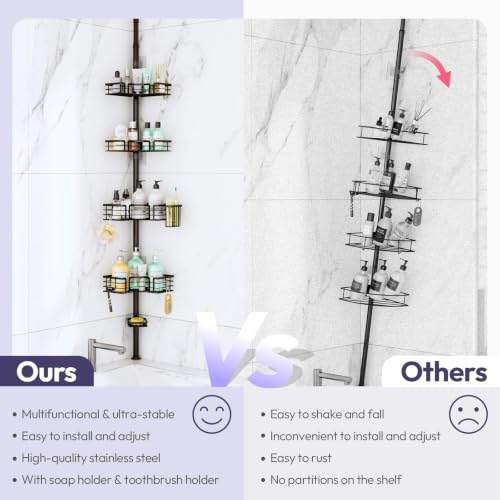 Shower Caddy Tension Pole - 4-Tier Corner Shower Organizer Tension Rod with Soap Holder, Toothbrush Holder & 4 Hooks, Adjustable Stainless Steel Bathroom Organizer 27.6 to 108.3 inch, Black - view 2