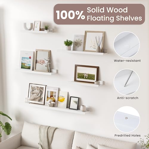 Floating Shelves for Wall, 24 inch Solid Wood Picture Ledge Shelf, Picture Shelf for Wall with Ledge, Floating Book Shelves for Living Room Bedroom Kitchen Nursery Decor, White, Set of 2 - view 6