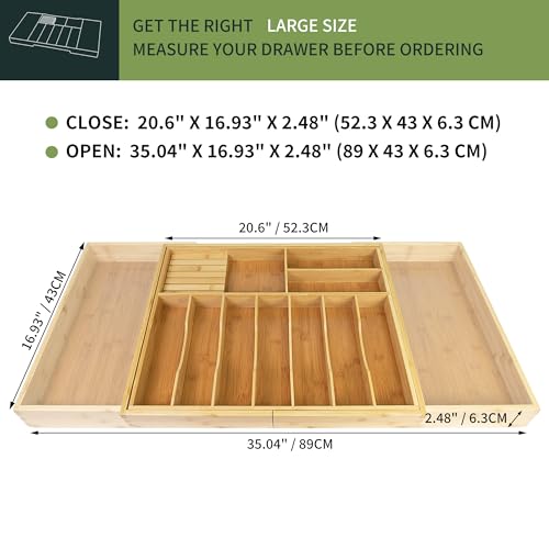 Extra Large Kitchen Utensil Holder, Bamboo Silverware Drawer Organizer, Expandable Cutlery Organizer with Knife Block, Multifunctional Drawer Divider (10-12 compartments) - view 2