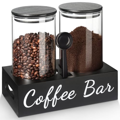 Coffee Container, 2 Pcs 50 Fl oz Airtight Bean Storage Canister, Black Glass Ground Coffee and Sugar Jar Set with Scoop/Shelf/Labels, Sugar/Tea Holder Containers for Cafe Bar Countertop
