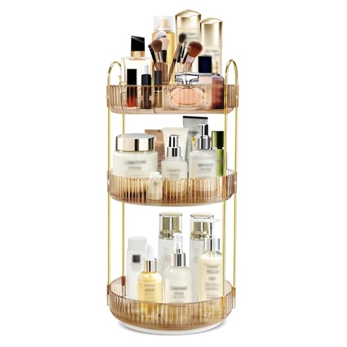360 Rotating Makeup Organizer, 3 Tier Vanity Counter Storage (Gold)