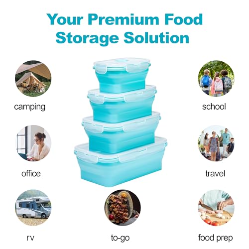 Set of 4 Collapsible Silicone Food Storage Container, Leftover Meal box For Kitchen, Bento Lunch Boxes, BPA Free, Microwave, Dishwasher and Freezer Safe. Foldable Design Saves Your Space. - view 7