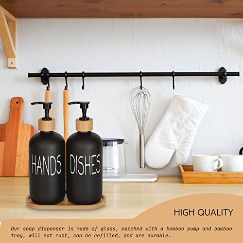 Glass Soap Dispenser Set. Hand and Dish with Bamboo Tray. Vintage Pump for Kitchen Drain Outlet Bathroom. Stylish Permanent Labels (Matte Black) - view 4