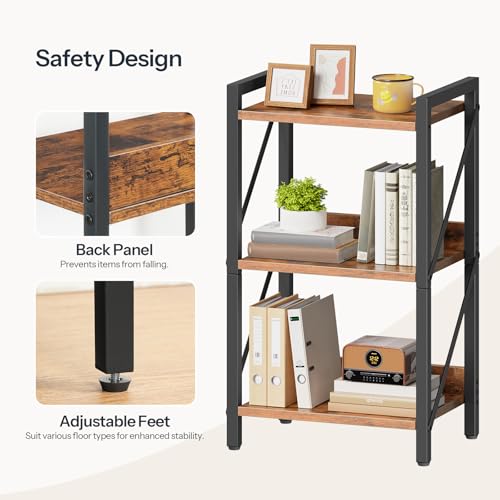 Bookshelf, 3-Tier Industrial Bookcase, Book Shelf Storage Organizer, Small Bookshelf with Metal Frame for Living Room, Bedroom, Home Office, Kitchen, Rustic Brown and Black BF71SJ01 - view 6
