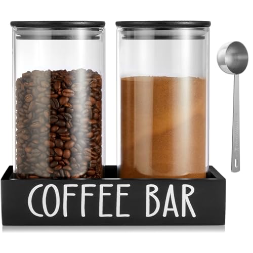 Glass Coffee Canister for Ground Coffee - 2Pcs 45oz Coffee and Sugar Container Set with Airtight Bamboo Lids and Black Tray - Farmhouse Coffee Bean Storage Jars for Coffee Bar Decor and Accessories