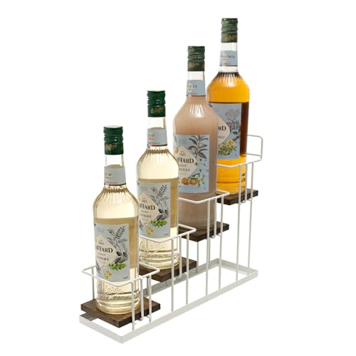 Syrup Bottle Holder Rack, Rustic Wood and White Metal Wire 4 Tier Syrup, Wine, Dressing Bottle Countertop Display Storage Stand for Kitchen Coffee Bar- MK816B