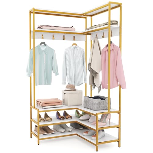 Corner Coat Rack, L-Shaped Hall Tree with Bench and Shoe Storage - view 5