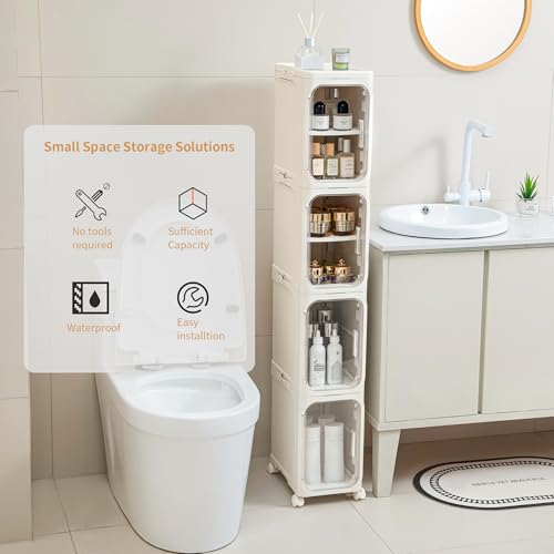 3-Tier Slim Narrow Bathroom Storage Cabinet, Cream White - view 3