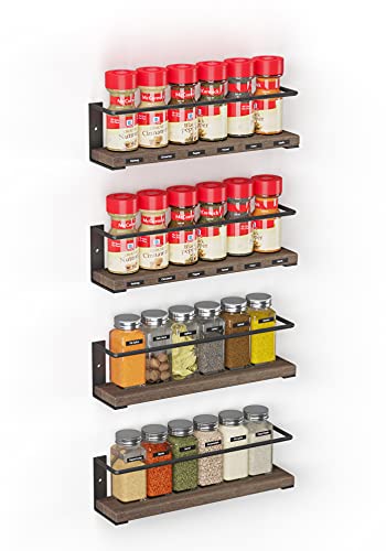Spice Rack Organizer for Cabinet Door or Wall Mount (4 Pack) with 415 Spice Labels - Wood Hanging Seasoning Shelf for Cupboard Pantry or over the Stove