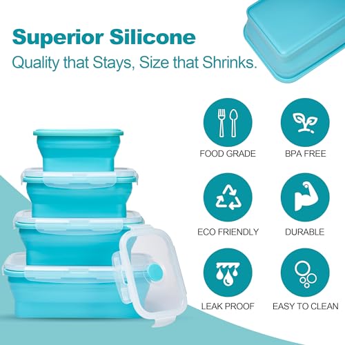 Set of 4 Collapsible Silicone Food Storage Container, Leftover Meal box For Kitchen, Bento Lunch Boxes, BPA Free, Microwave, Dishwasher and Freezer Safe. Foldable Design Saves Your Space. - view 3