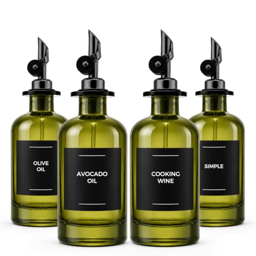 Glass Olive Oil Dispenser Set of 4, 350ml/11.8oz UV-Protected Green Bottles Self-Closing Pourer, Includes 50 Labels, Funnel & Aligner, Oil & Vinegar Dispenser for Kitchen Cooking
