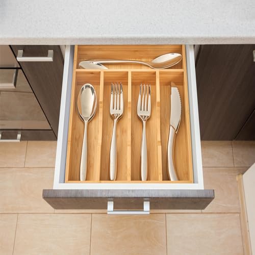 Bamboo Kitchen Drawer Organizer, 9 Inch Silverware Utensils Tray Holder for Small Drawer, Wood Caddy for Flatware Cutlery Knives - view 5