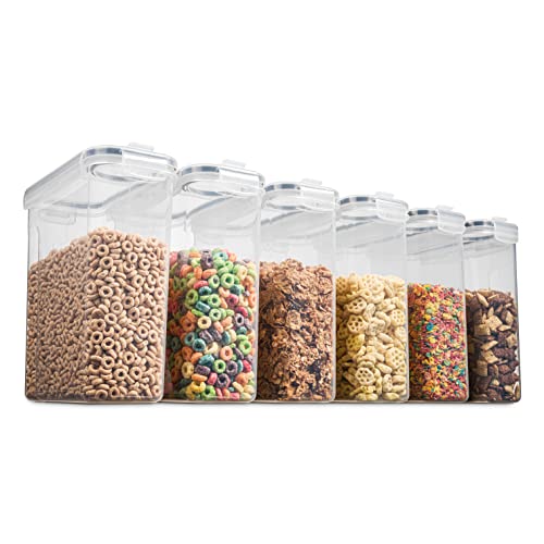 6 Pack Airtight Cereal Food Storage Container - BPA Free Plastic Kitchen and Pantry Organization Canisters for, Dry Pet Food, Flour, Sugar, Rice, Nuts, Snacks & More (135.5 Oz) Labels & Chalk Marker - view 5