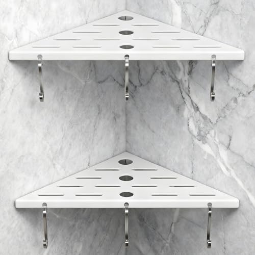 2 Pack 10" 304 Stainless Steel Corner Shower Shelf 6 Hooks 40Lb Drill White