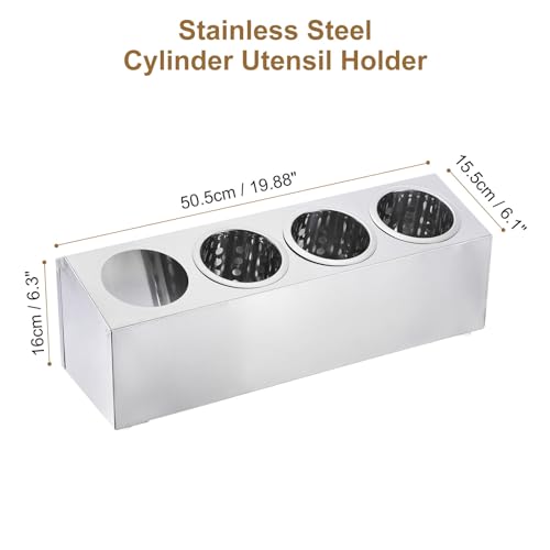 Commercial Utensil Holder, Stainless Steel Cylinder Flatware Silverware Utensil Holder Caddy Drying Rack Countertop Silverware Organizer (4 Holes) - view 2