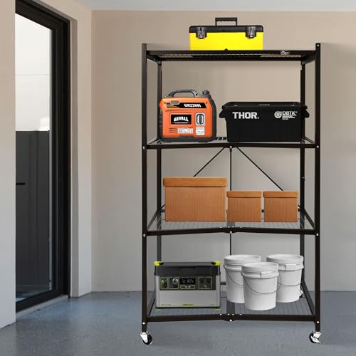 4-Tier Folding Shelf, Storage Organizer Shelves w/Wheels for Home & Office, Brown - view 2