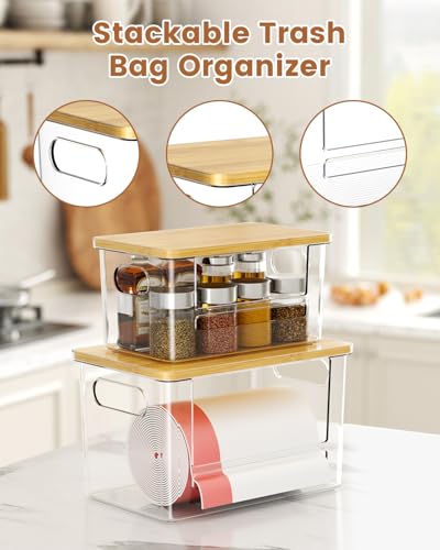 Trash Bag Dispenser 2 Pack, Stackable Trash Bag Holder with Bamboo Lid – Clear Plastic Garbage Bag Organizer for 4-33 Gal Bags, Space-Saving Under Sink Organizer for Kitchen, Laundry, Pantry - view 2