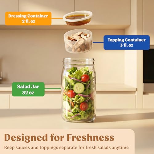 Glass Salad Jars with Oak Lids, 4 Pack 32oz for Meal Prep - view 4