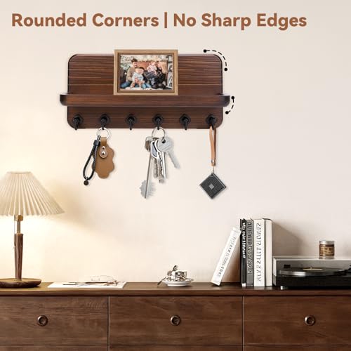 Key Holder for Wall, Mail Organizer Wall Mount with 6 Hooks Wooden Hanging Key Rack for Home Decor, Hallway, Entryway (Brown) - view 6