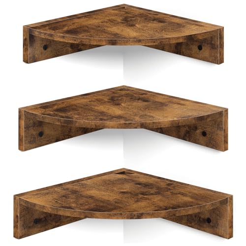 Corner Shelf Wall Mount, Set of 3 Floating Corner Shelves with Cord Hole, 3 Tier Wood Wall Display Shelf, Storage for Bathroom Living Room Kitchen Bedroom, Rustic Brown and Black