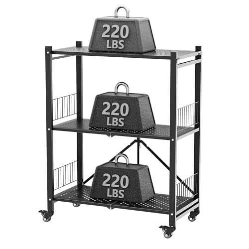 Folding Storage Shelves No Assembly, 3 Tier Metal Foldable Shelves with Wheels, Collapsible Rolling Storage Rack for Laundry Room Garage Small Spaces, Black - view 4