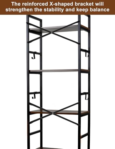 5 Tier Bookshelf, 5 Tier Bookshelves, Home Office Bookcase Shelf Storage Organizer, Industrial Narrow Bookcase, Display Standing Shelf Units, Metal Frame Display Rack with 4 Hooks Rustic Brown - view 7