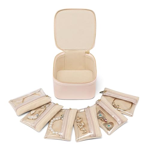 Travel Jewelry Case with 6 Clear Velvet Zipper Pouches,Pink