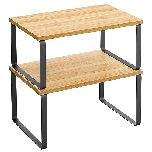 Bamboo Shelf Organizers and Spice Racks Bundle, 2 Sets of 2 Cabinet Organizers, for Kitchen Organization, Natural and Black UKCS02NB and UKCS016N01 - view 4