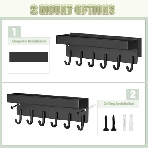 Key Holder Wall Mount, Magnetic Key Rack with Tray, 6 Hooks, Black - view 2