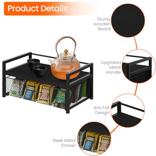 Wood Tea Bag Organizer, Teabag Holder with Drawer, Tea Organizers and Storage Box, 8 Compartments Tea Caddy Station Chests Display Container for Counter Kitchen, Black - view 5