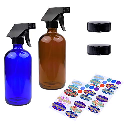 Essential Oil Bottle Kit. 2 Essential Oil Bottles 240ml/8oz (Cobalt Blue and Amber Brown), 2 Trigger Sprayers with Fine Mist, Powerful Stream and 'Off' Settings, 2 Storage Caps, 78 Labels.