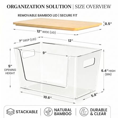 6 Pack Clear Stackable Storage Bins with Bamboo Lids, Trash Bag Holder Dispenser Under Sink Organizer for 4-13 Gal Bags, Plastic Storage Containers for Pantry Bathroom Kitchen Organization - view 2