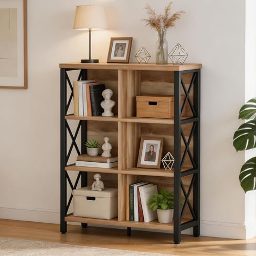 Bookcase and Bookshelf, Rustic 6 Cube Storage Organizer Shelf, Industrial 4 Tier Wood and Metal Cubby Book Shelf for Living Room, Bedroom, Kitchen, Entryway (Rustic Oak) - view 4