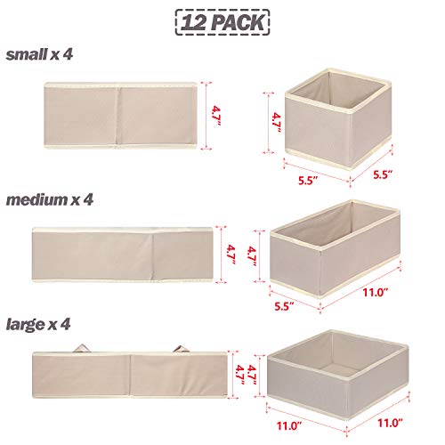 12 Pack Foldable Cloth Storage Box Closet Dresser Drawer Organizer Fabric Baskets Bins Containers Divider for Clothes Underwear Bras Socks Lingerie Clothing, Beige 444 - view 2