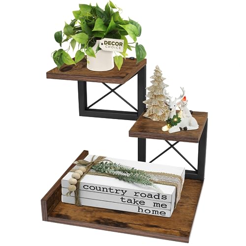Desk Shelf Organizer, Wood Desktop Organizer Small Bookshelf, 3 Tier Storage Shelf Riser Display Stand for Office Decor and Desk Accessories, Rustic Brown Black