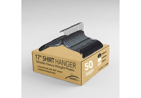 17” Black Mid-Heavyweight Plastic Hanger, Black Hook, 50 Pack - view 3