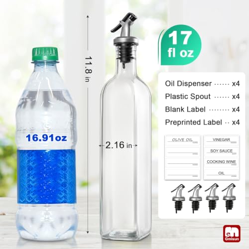 Olive Oil Dispenser Bottle for Kitchen, 4 Pack 17 Fl Oz Glass Oil Dispensers Bottles, Clear Cooking Vegetable Oil Dispenser Container Cruet Set with Plastic Pourer Spout, Funnel and Labels - view 2