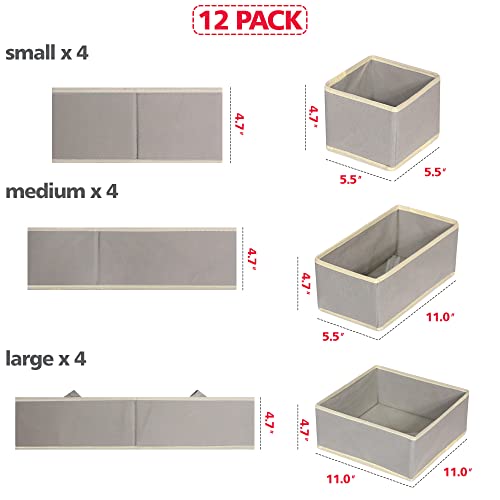 12 Pack Foldable Cloth Storage Box Closet Dresser Drawer Organizer Fabric Baskets Bins Containers Divider for Baby Clothes Underwear Bras Socks Lingerie Clothing,Grey 444 - view 3