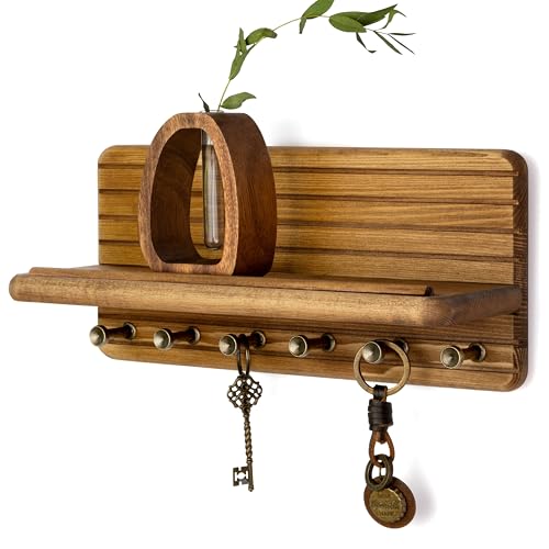 Key Holder Wall Mount with 6 Hooks for Entryway, Light Brown